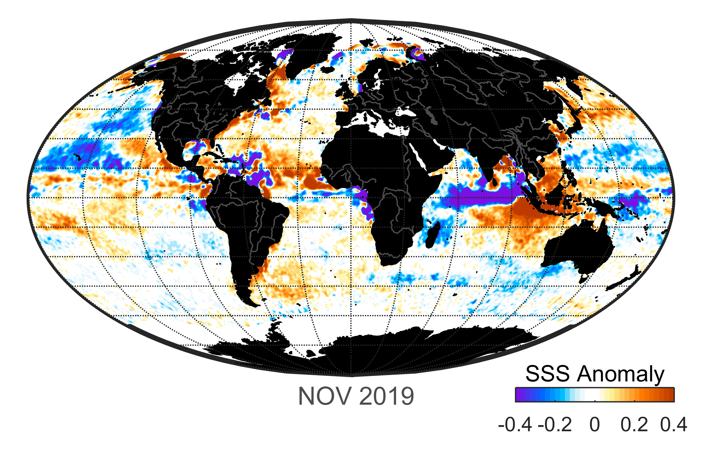 Global map of monthly sea surface salinity anomaly data, November 2019