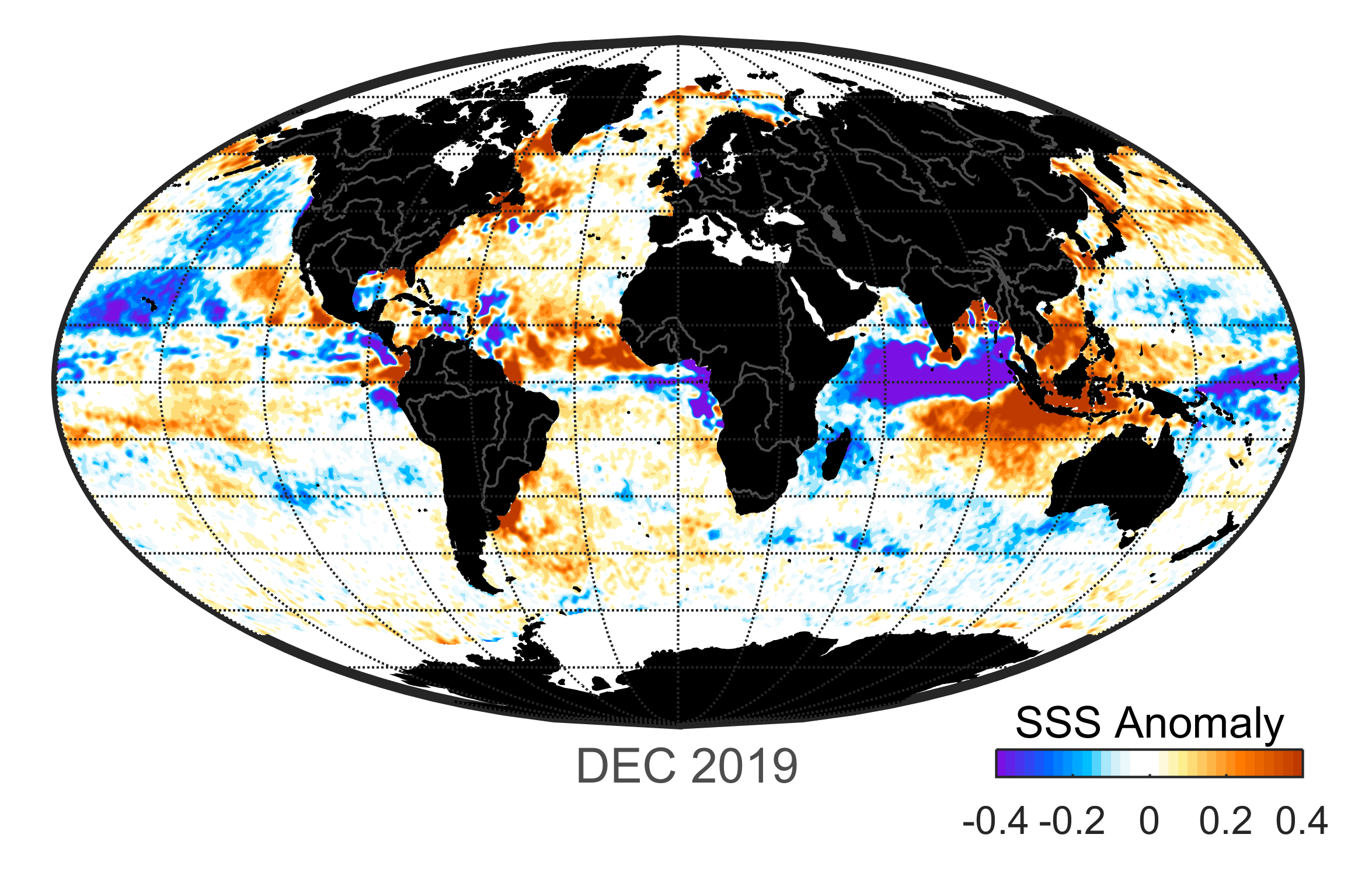 Global map of monthly sea surface salinity anomaly data, December 2019