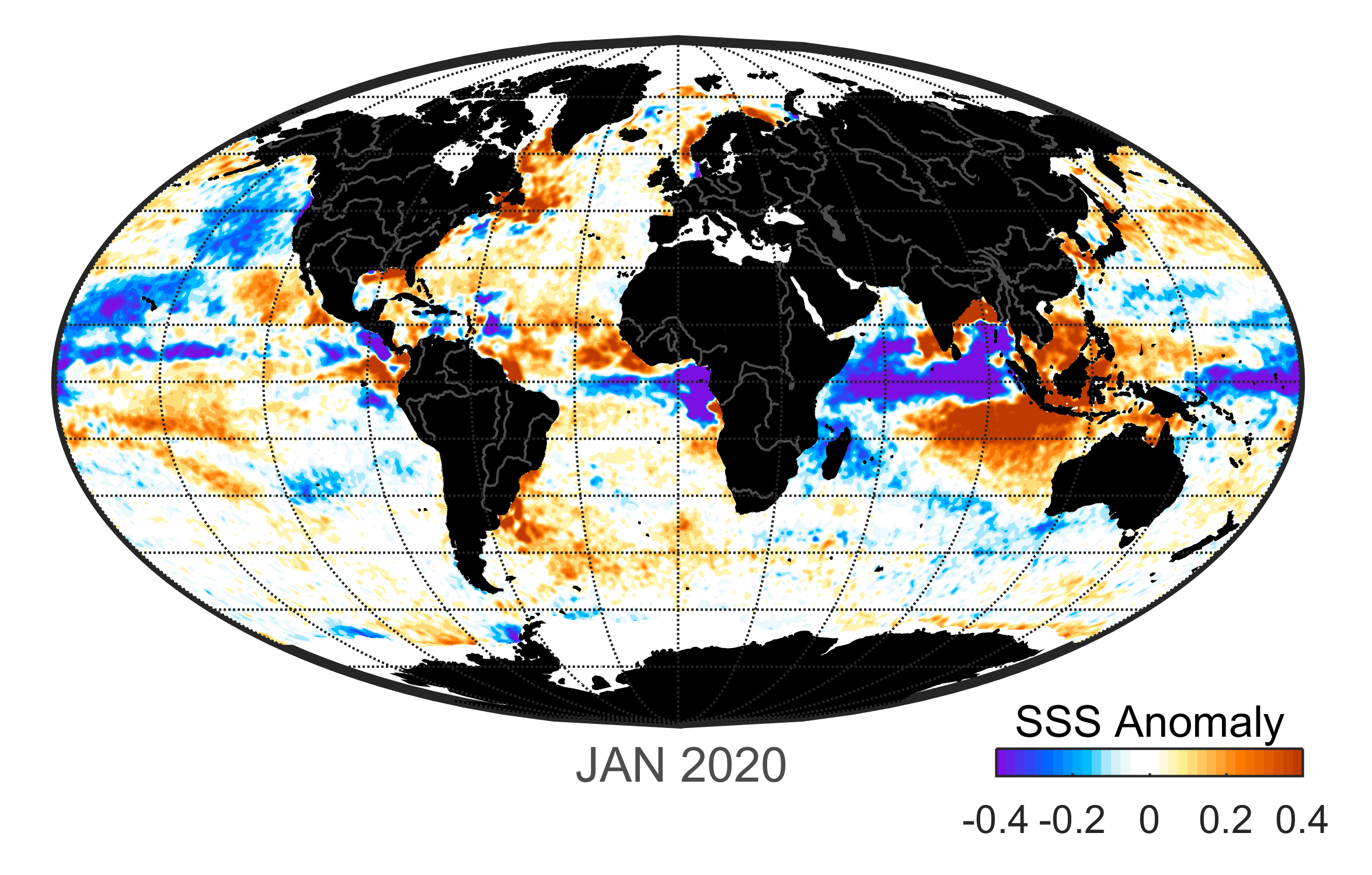 Global map of monthly sea surface salinity anomaly data, January 2020