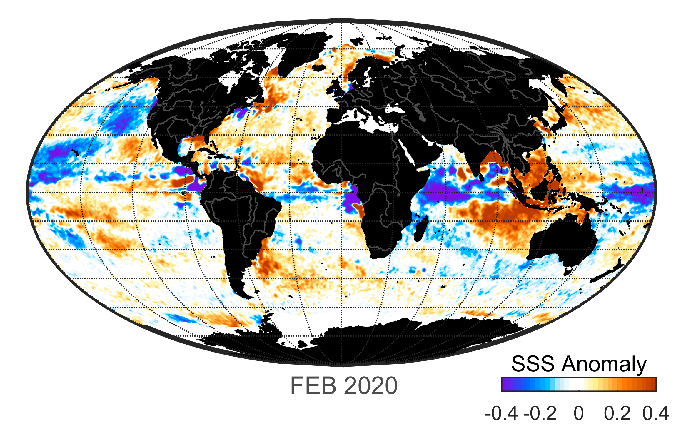 Global map of monthly sea surface salinity, February 2020.