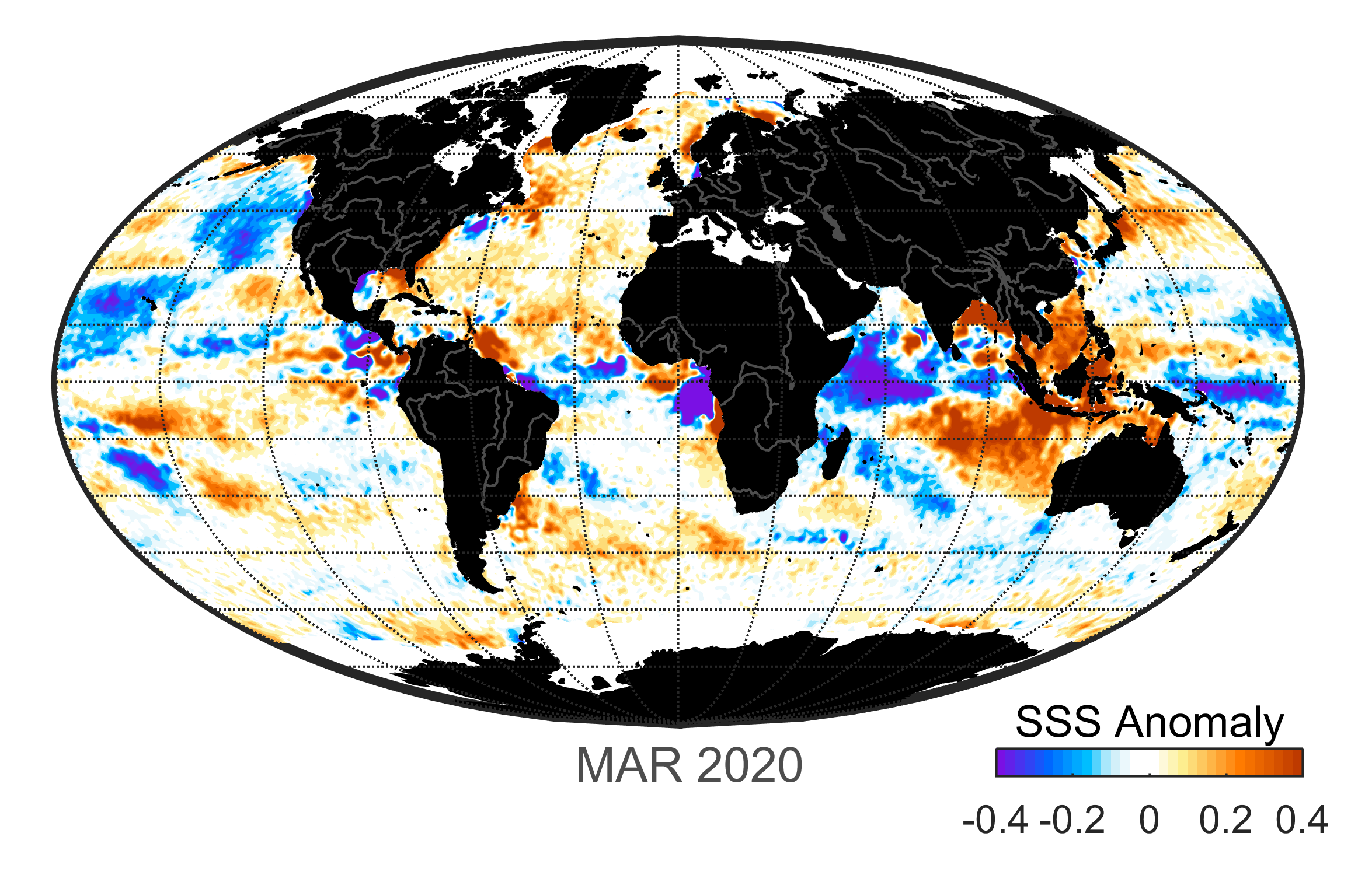 Global map of monthly sea surface salinity, March 2020.