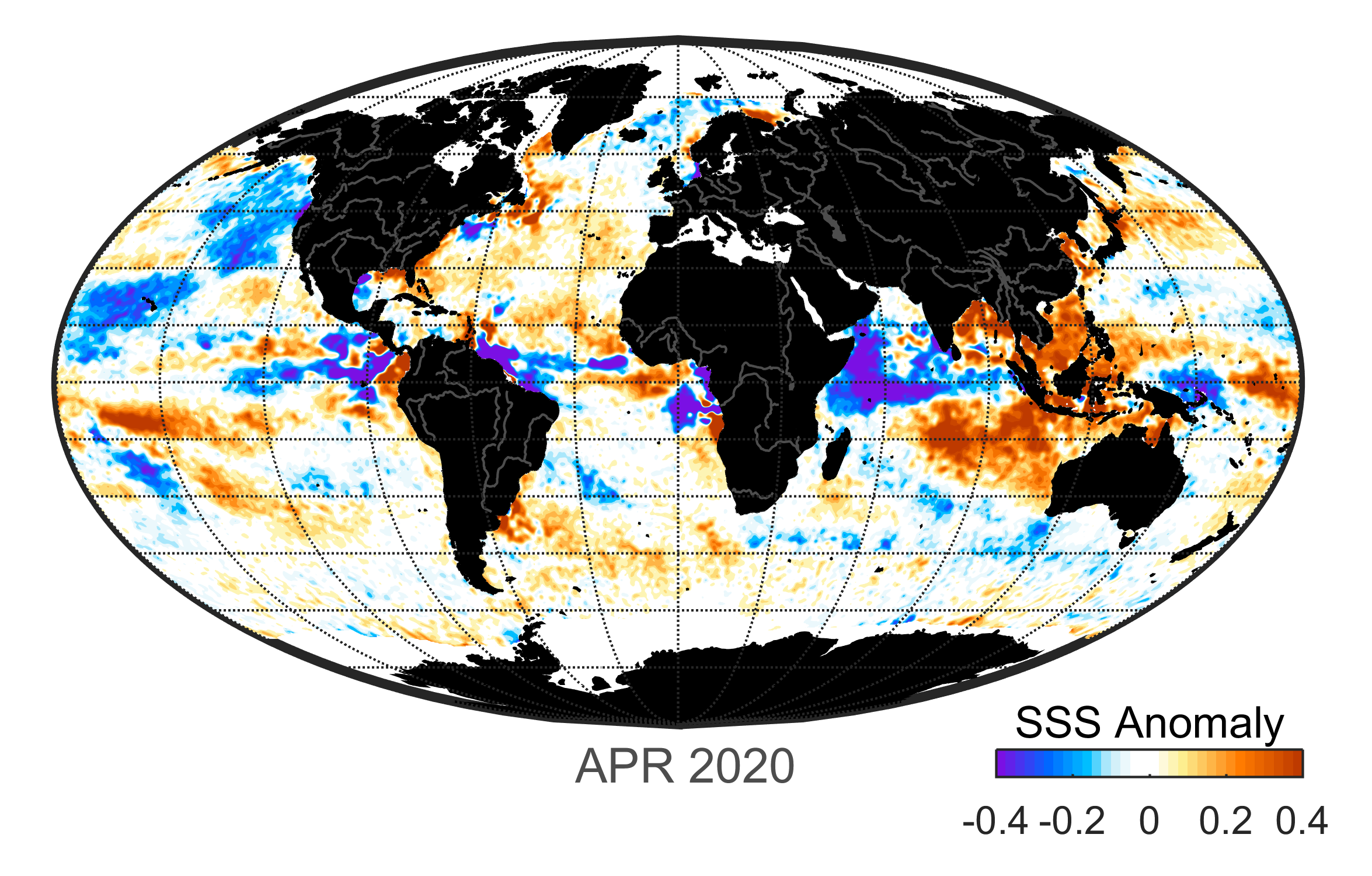 Global map of monthly sea surface salinity anomaly data, April 2020