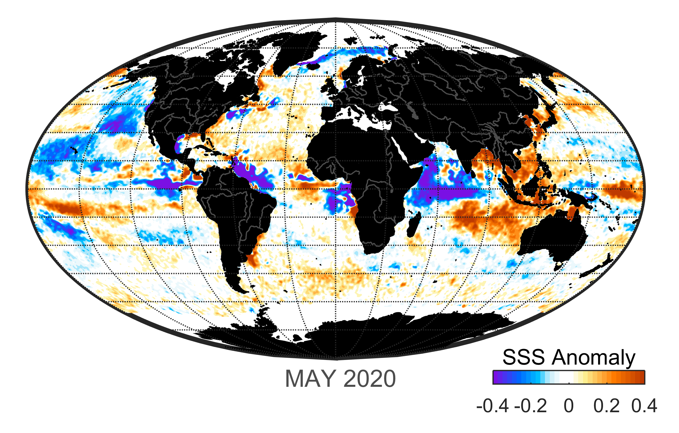 Global map of monthly sea surface salinity, May 2020.