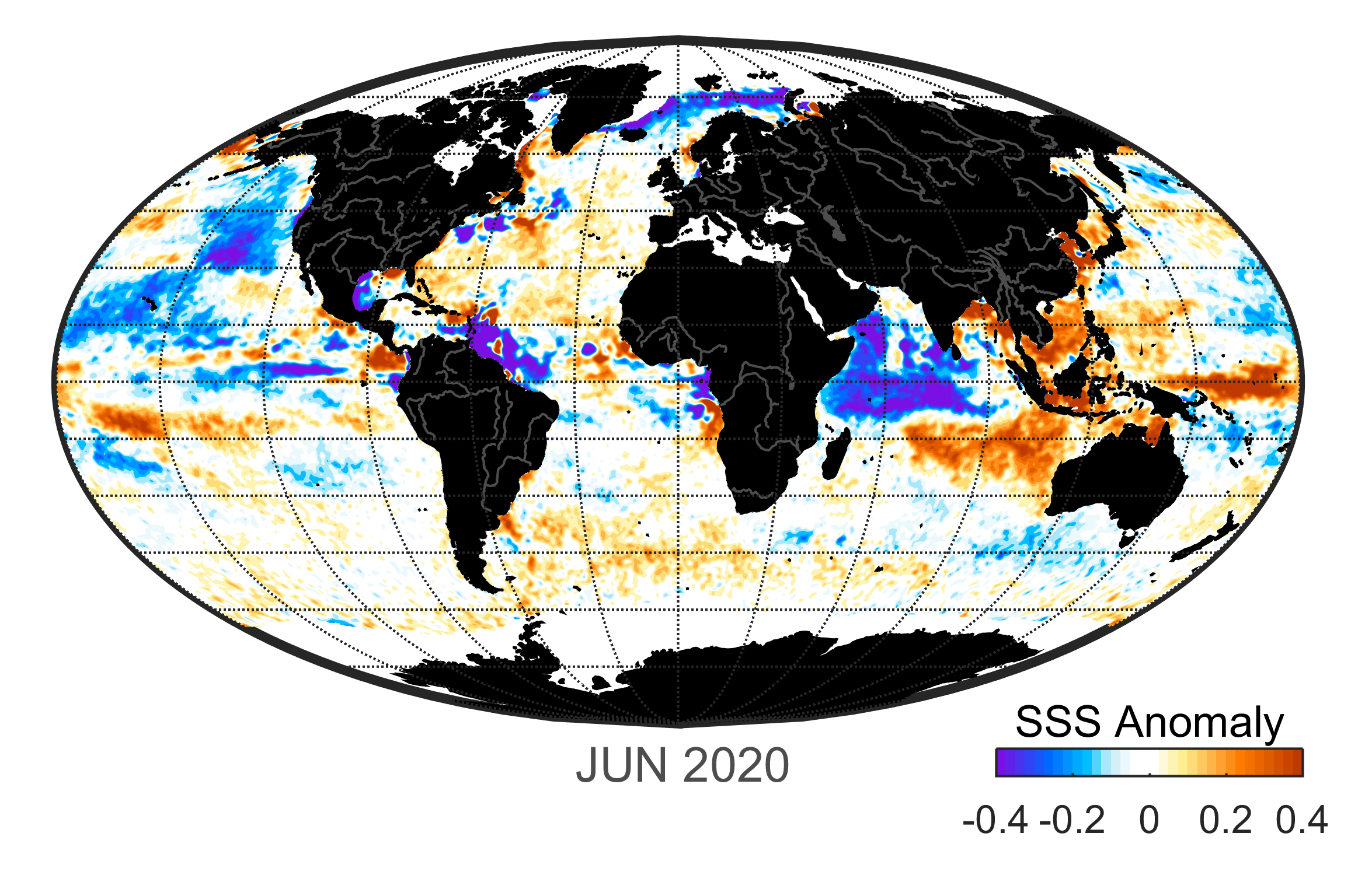 Global map of monthly sea surface salinity anomaly data, June 2020