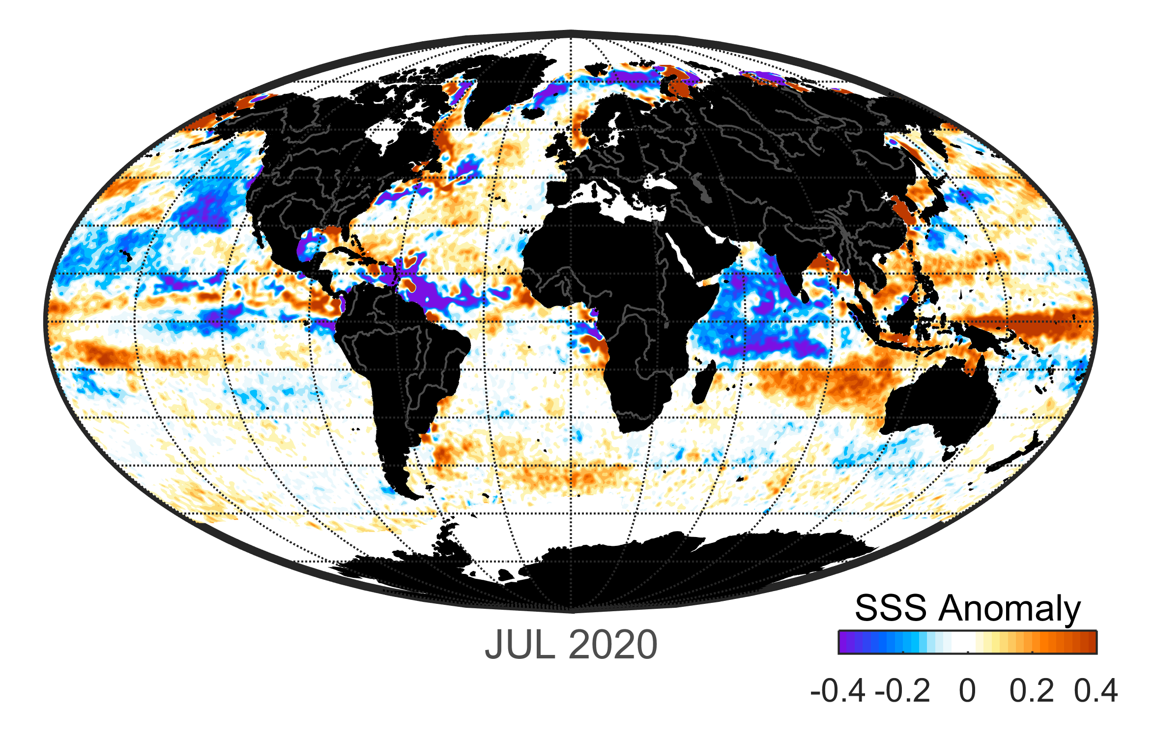 Global map of monthly sea surface salinity anomaly data, July 2020