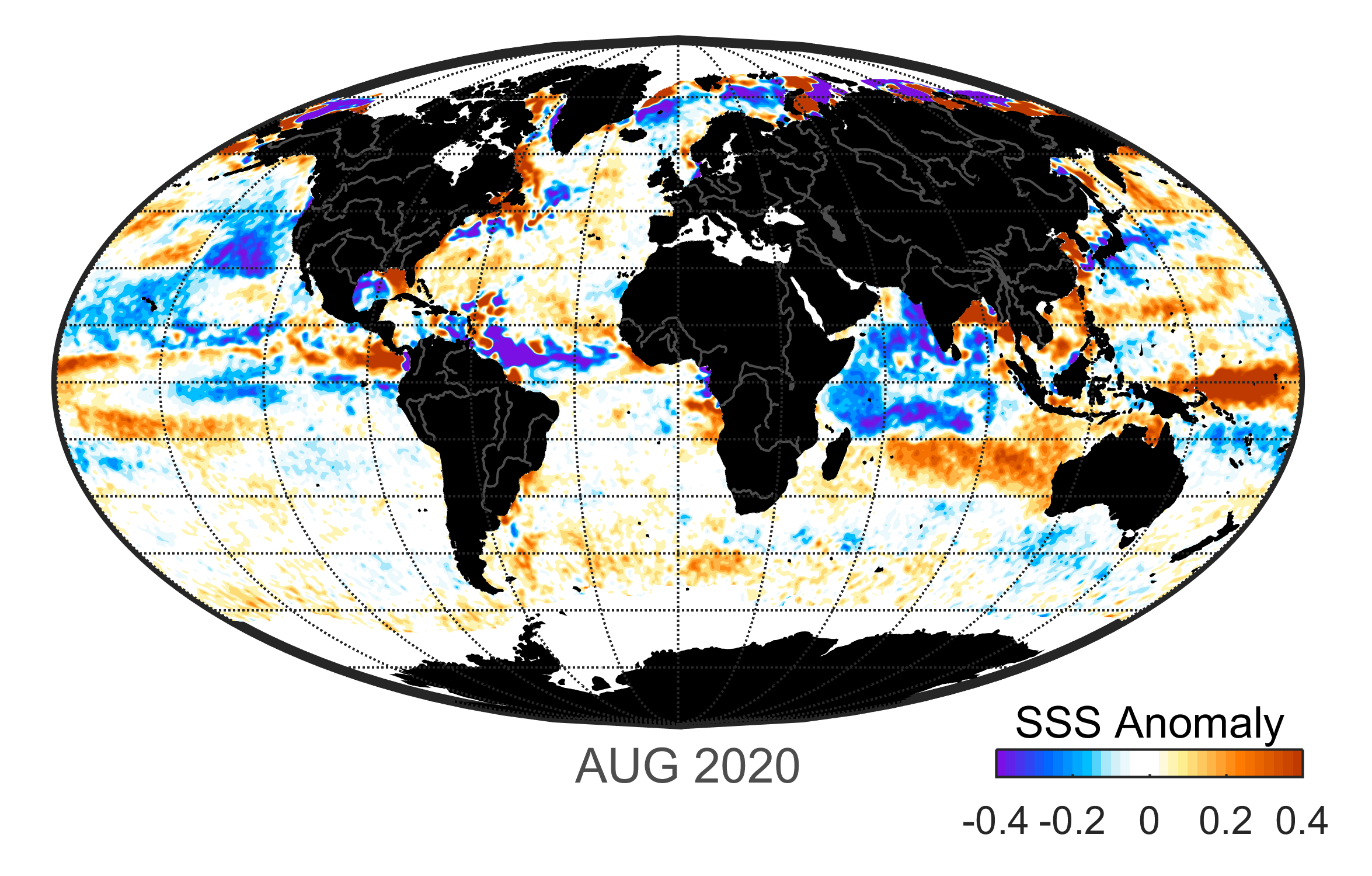 Global map of monthly sea surface salinity, August 2020.