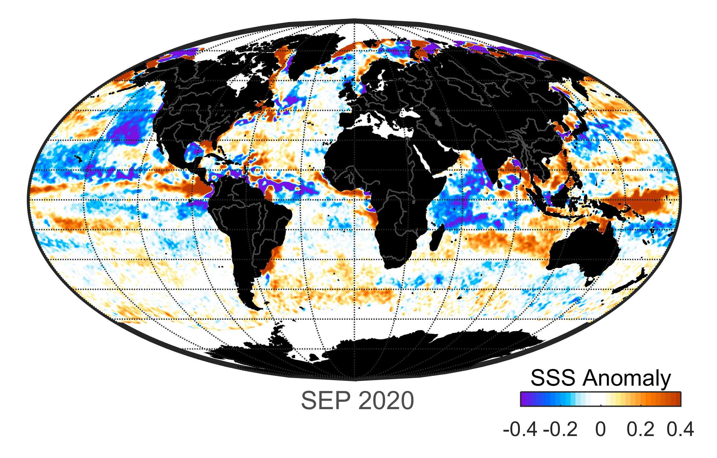 Global map of monthly sea surface salinity anomaly data, September 2020