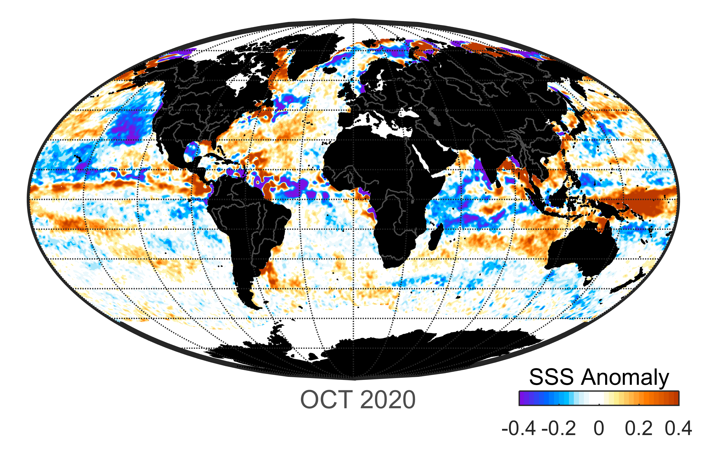 Global map of monthly sea surface salinity anomaly data, October 2020