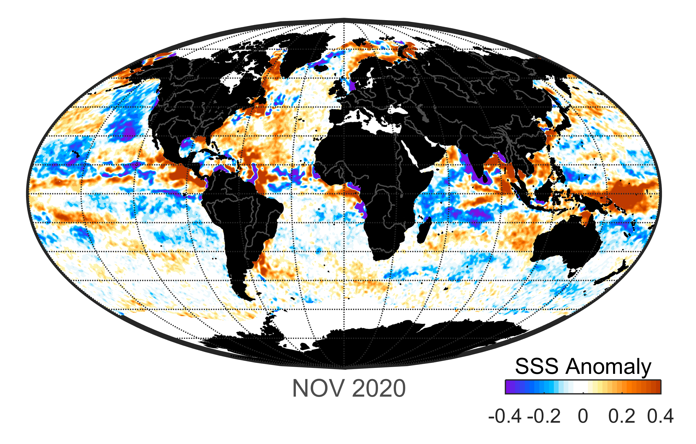 Global map of monthly sea surface salinity anomaly data, November 2020