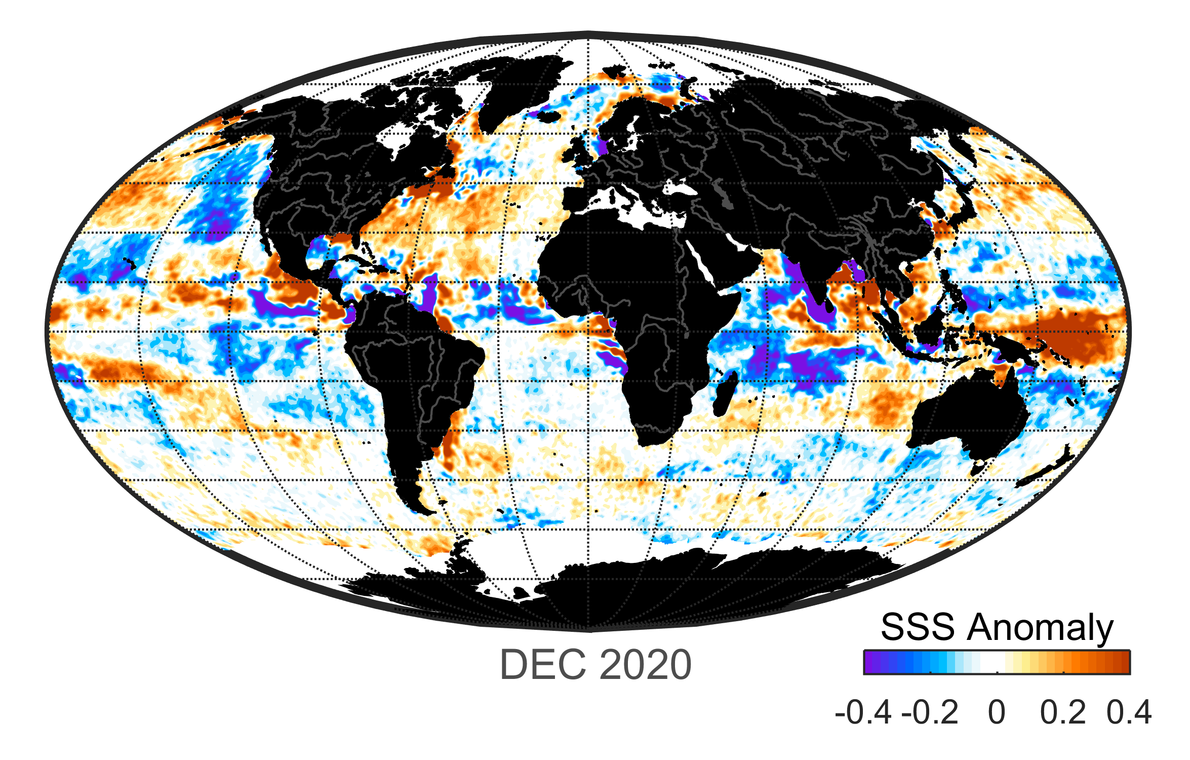 Global map of monthly sea surface salinity anomaly data, December 2020