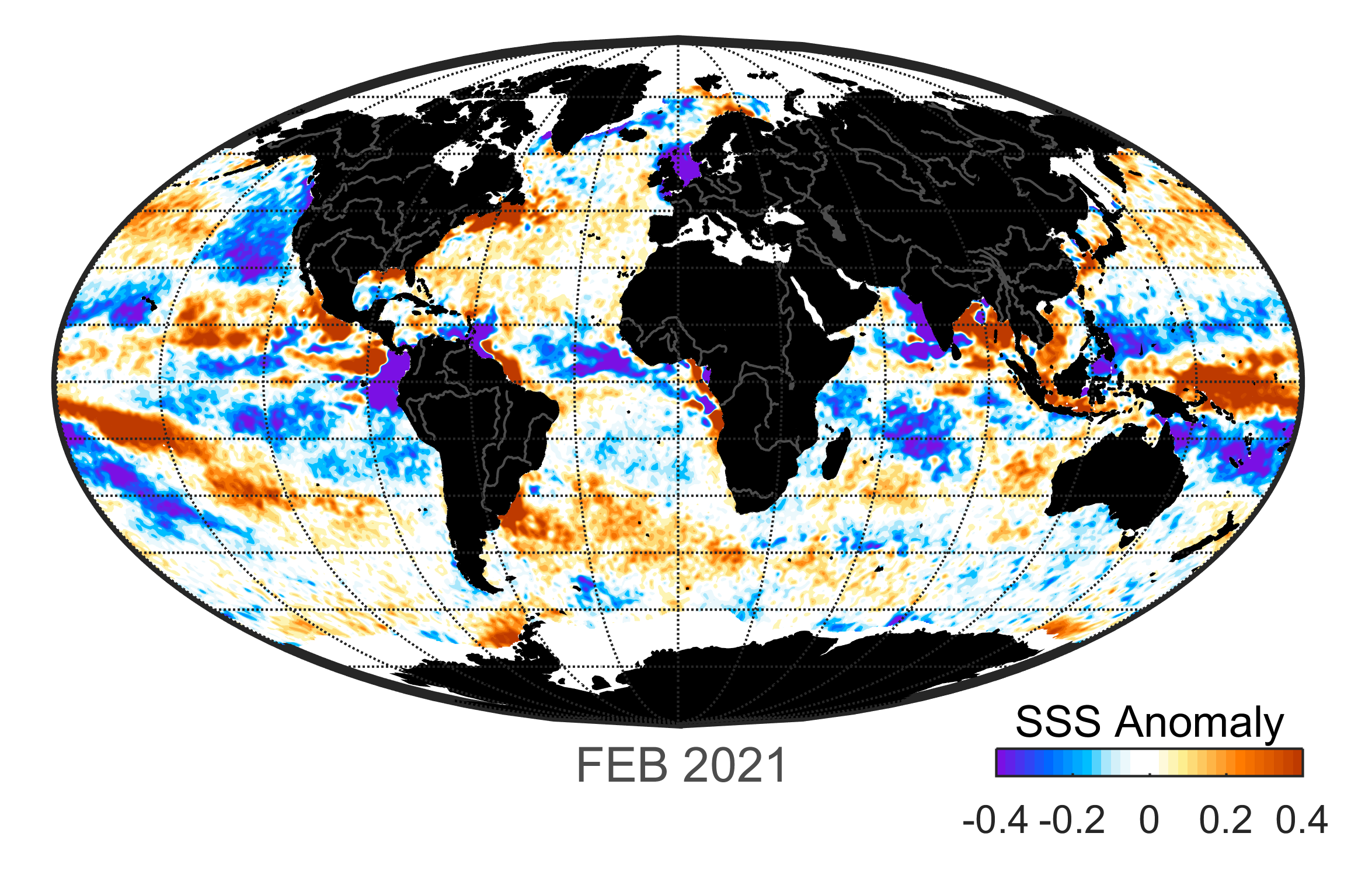 Global map of monthly sea surface salinity anomaly data, February 2021