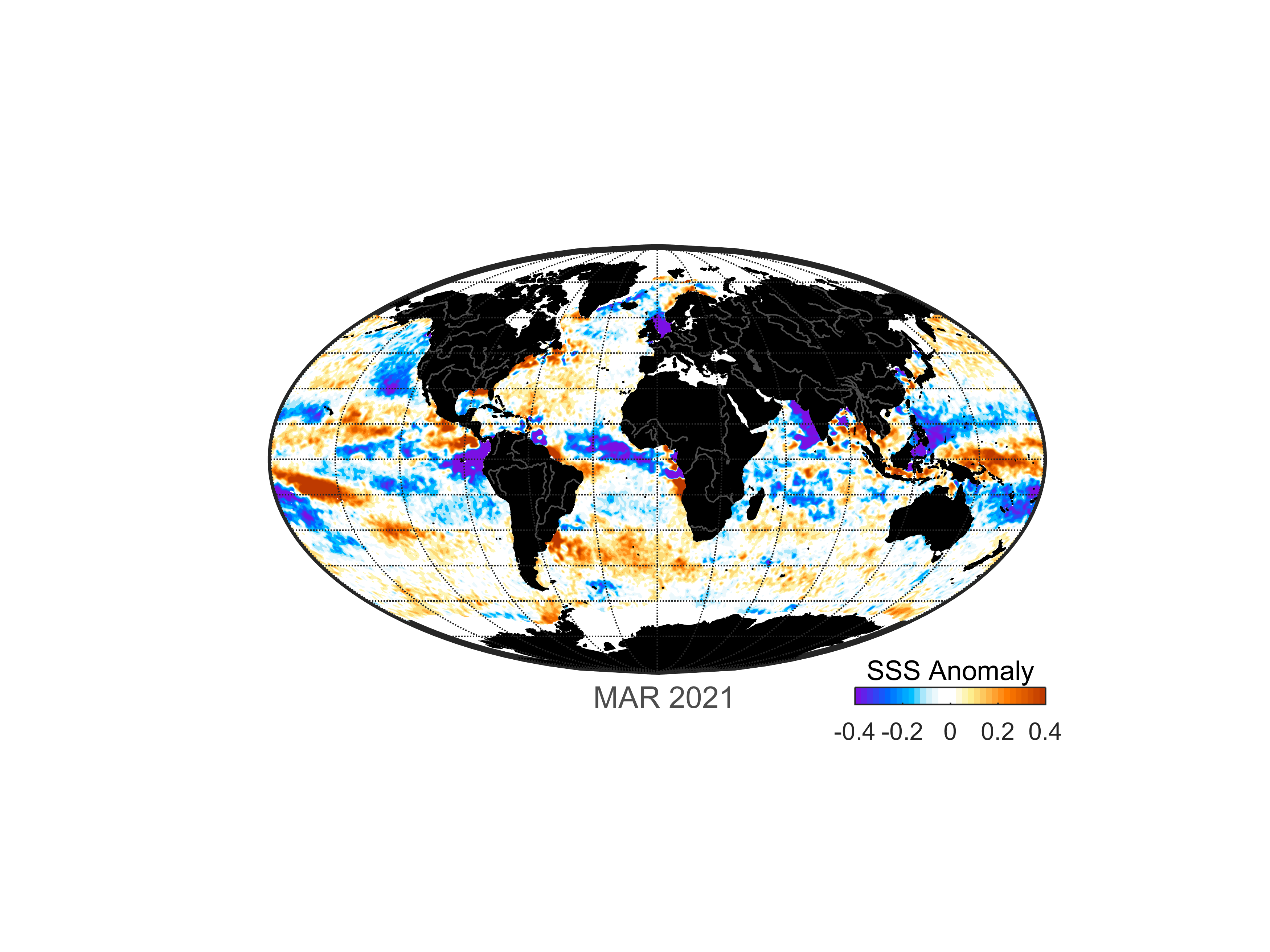 Global map of monthly sea surface salinity, March 2021.