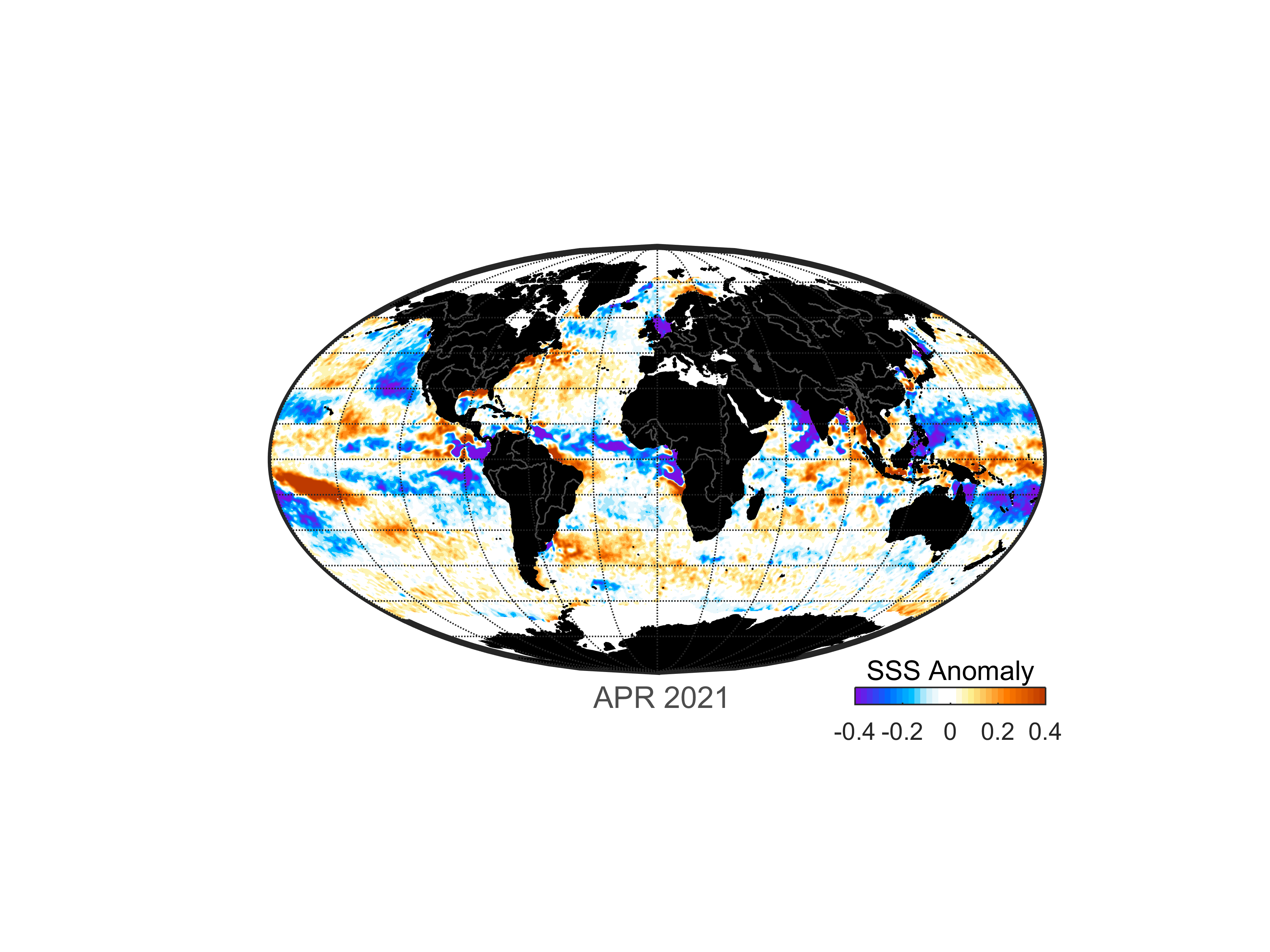 Global map of monthly sea surface salinity, April 2021.