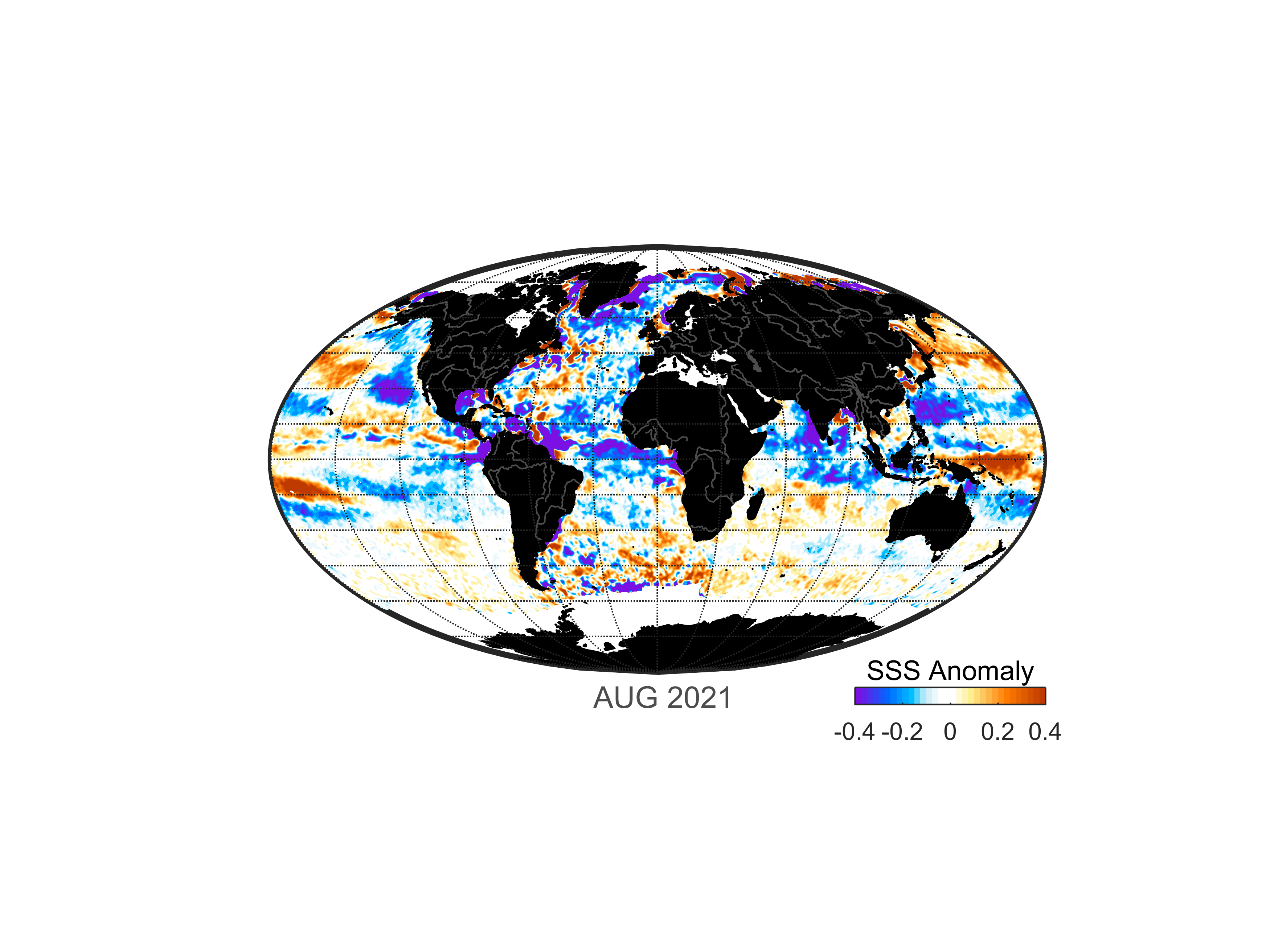 Global map of monthly sea surface salinity, August 2021.
