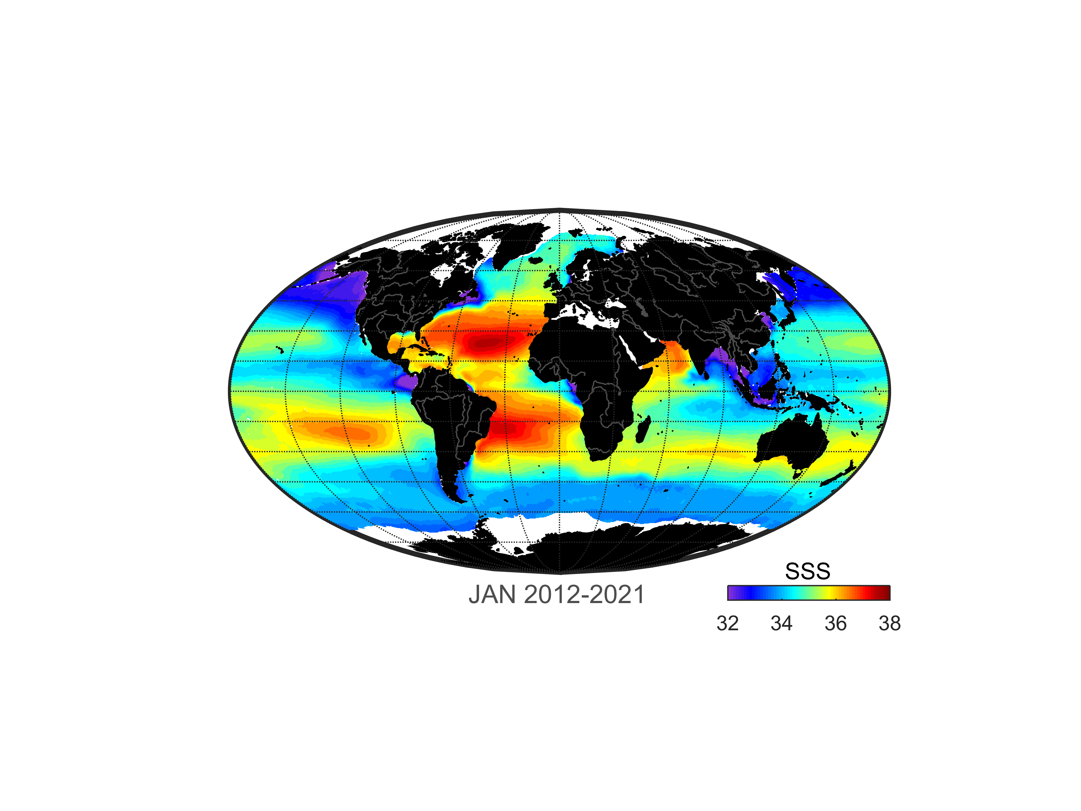 Global map of monthly sea surface salinity, January 2012-2021.