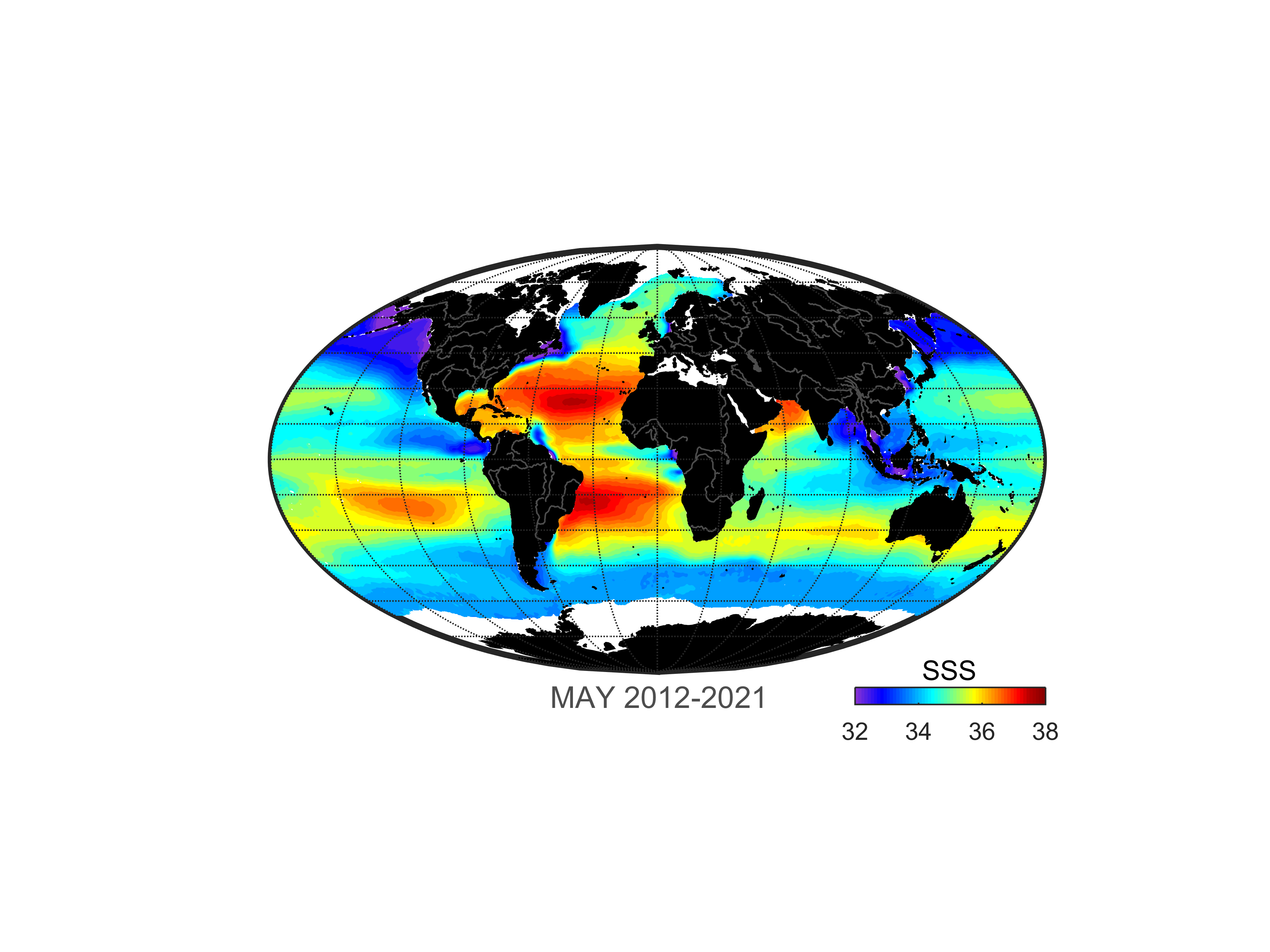 Global map of monthly sea surface salinity, May 2012-2021.