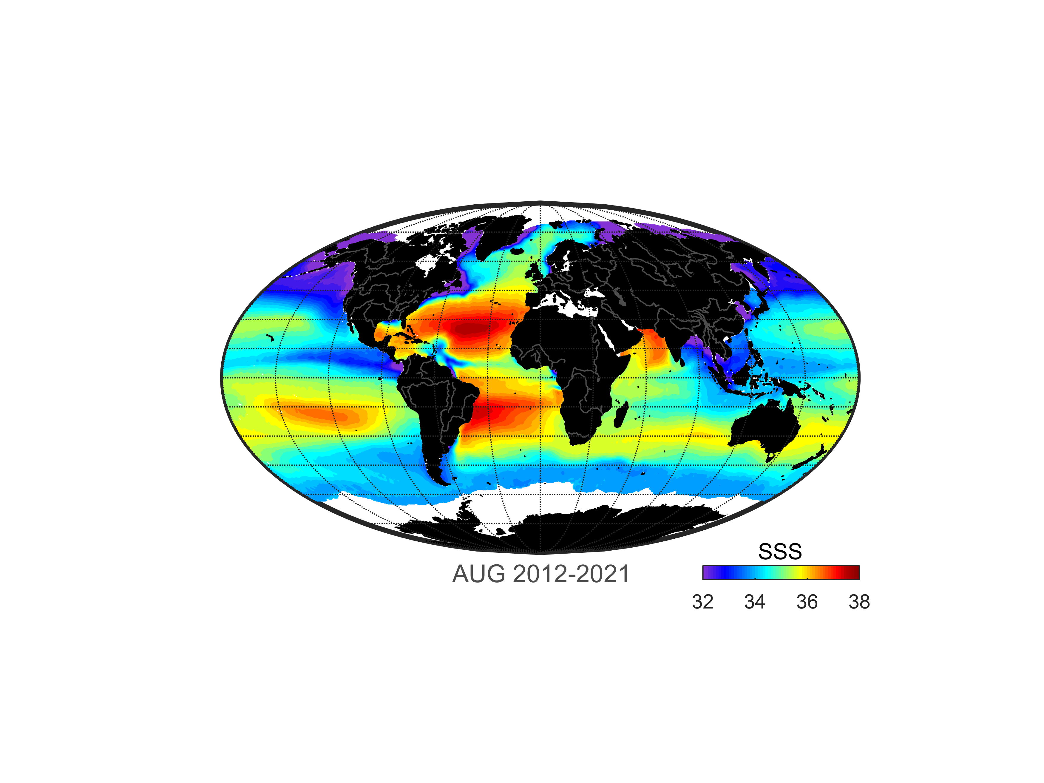 Global map of monthly sea surface salinity, August 2012-2021.