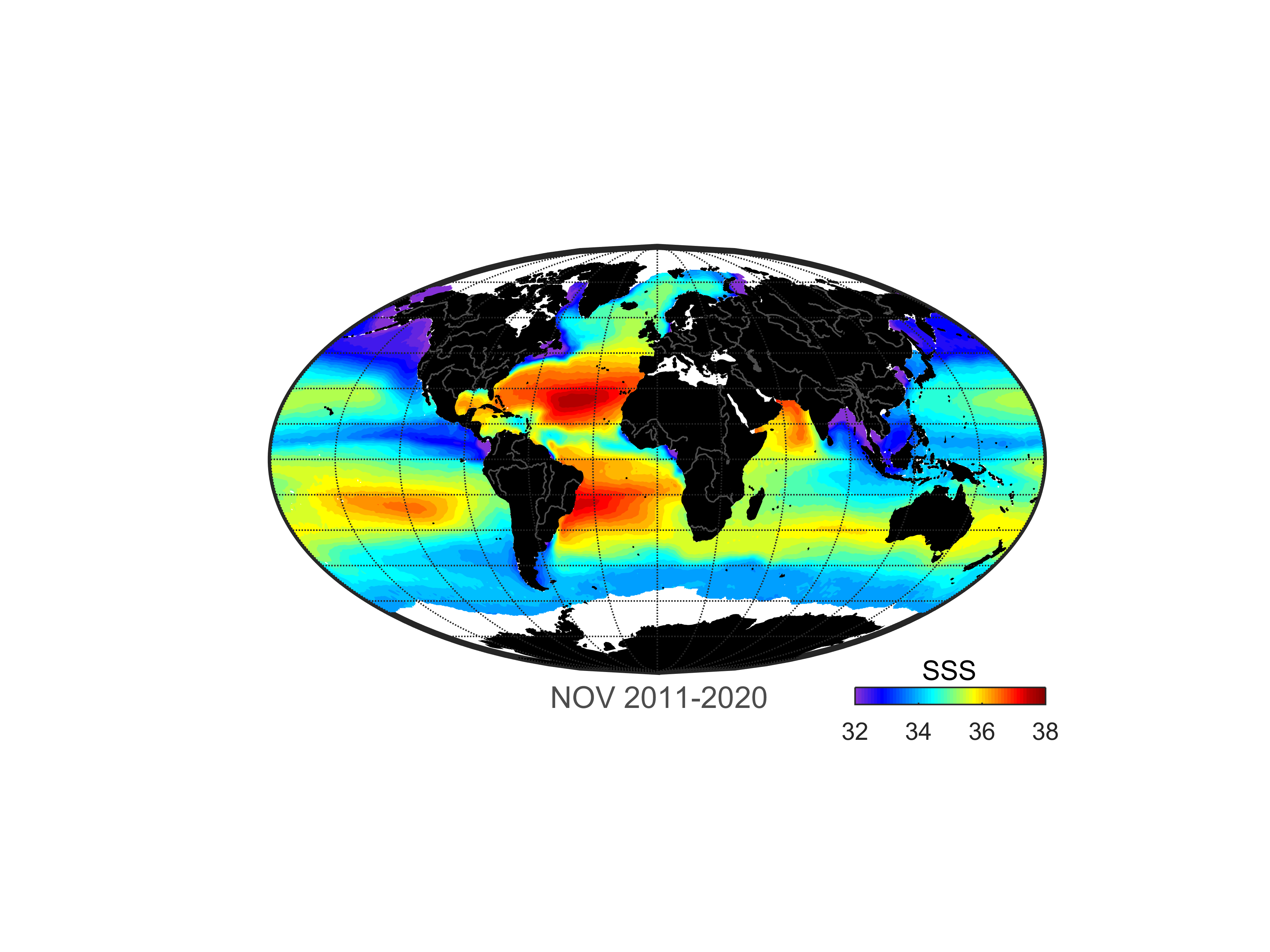 Global map of monthly sea surface salinity, November 2011-2020.