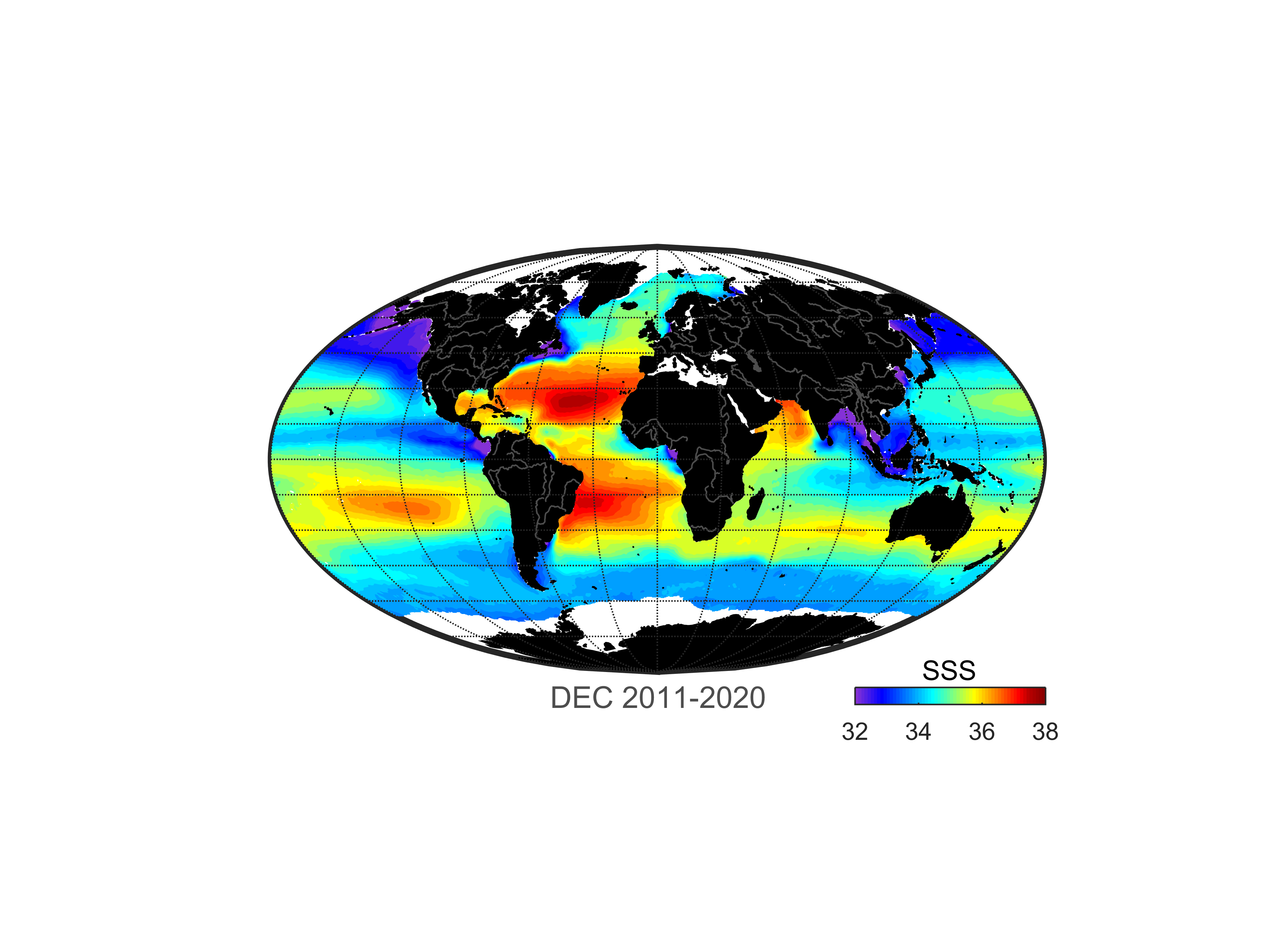 Global map of monthly sea surface salinity, December 2011-2020.