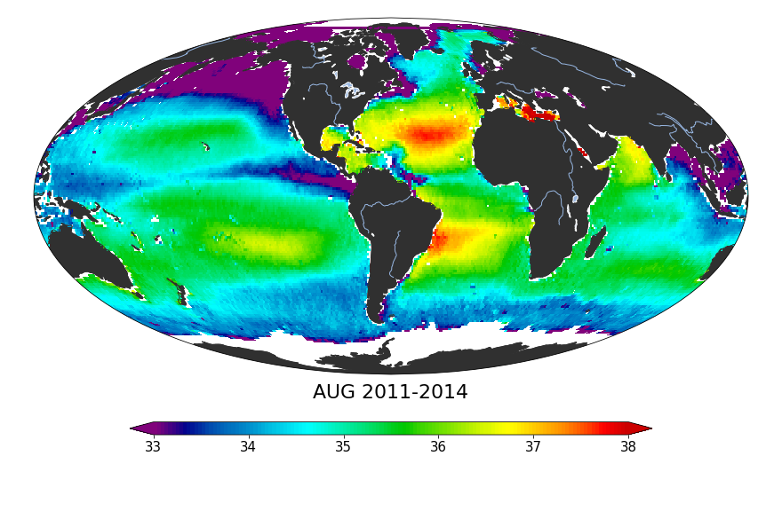 Global sea surface salinity, August 2011-2014