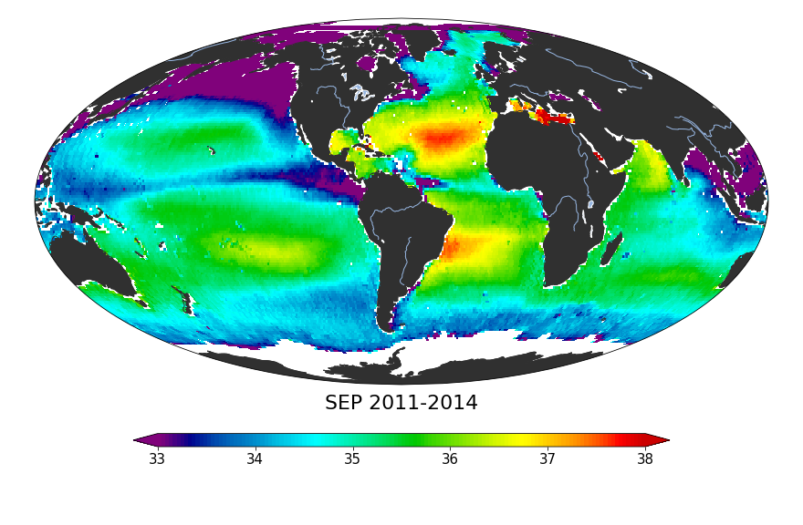 Global sea surface salinity, September 2011-2014