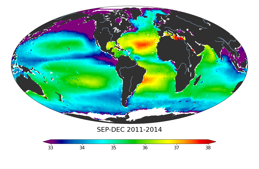 Global sea surface salinity, September 2011 - December 2014