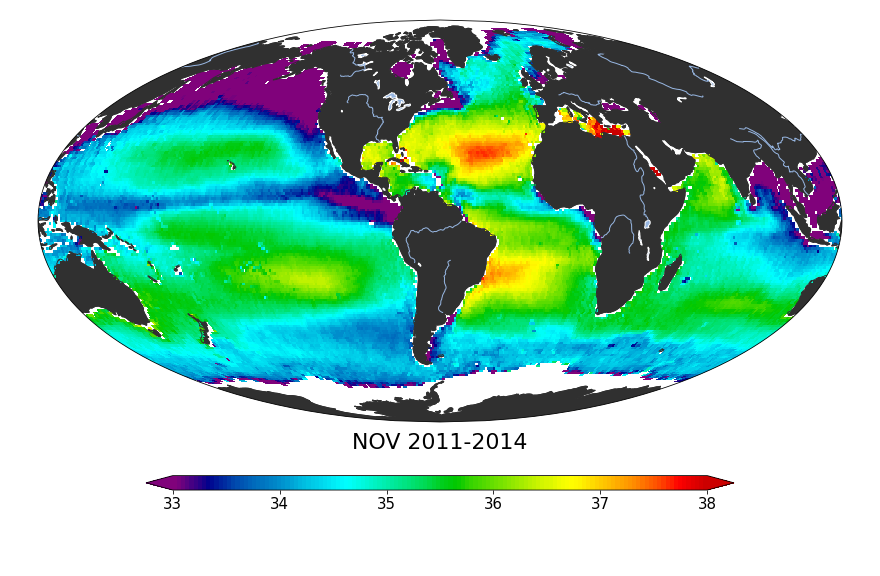 Global sea surface salinity, November 2011-2014