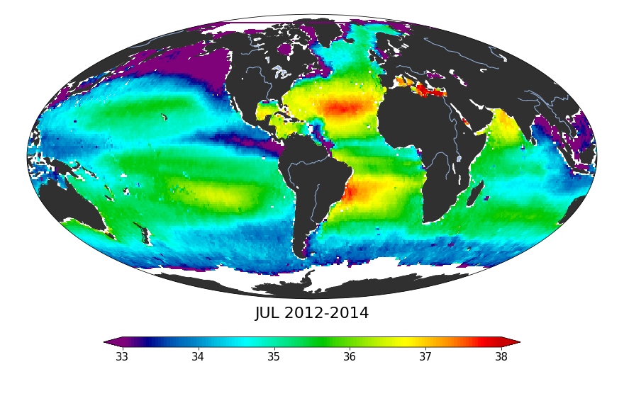 Global sea surface salinity, July 2012-2015