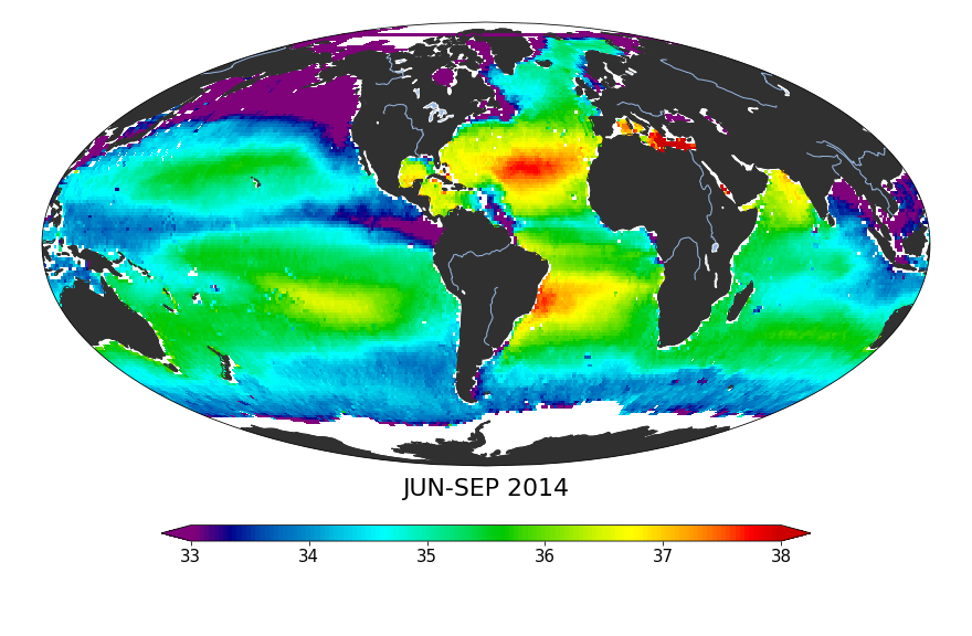 Global sea surface salinity, June 2014 - September 2014