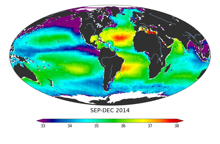 Global sea surface salinity, September 2014 - December 2014