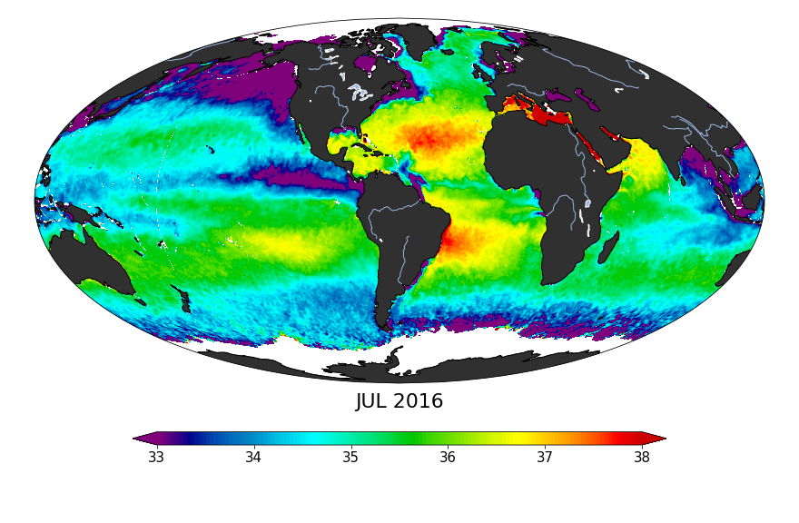 Sea surface salinity, July 2016