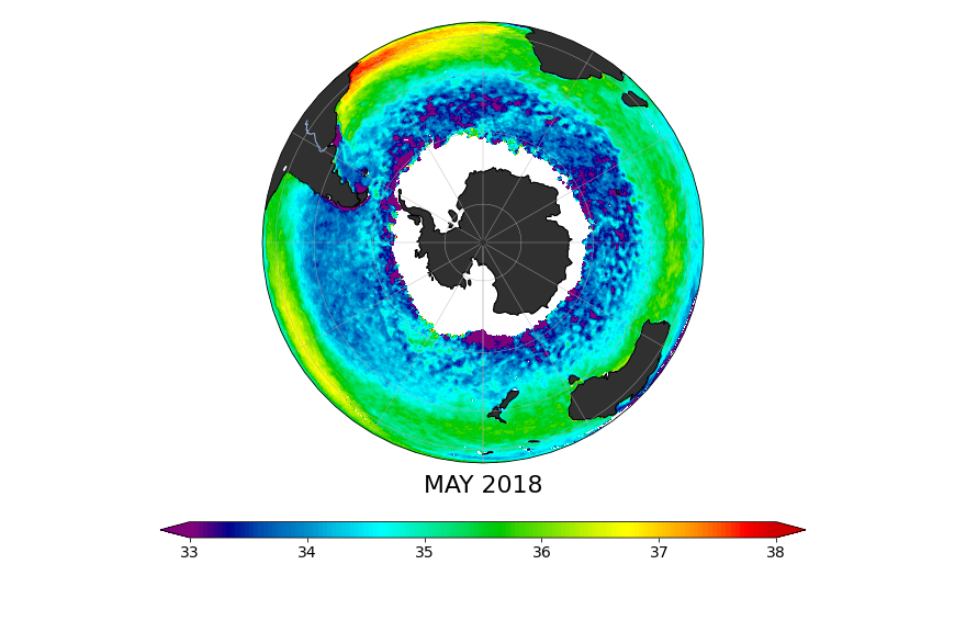 Sea surface salinity, May 2018