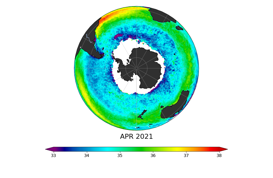 Sea surface salinity, April 2021
