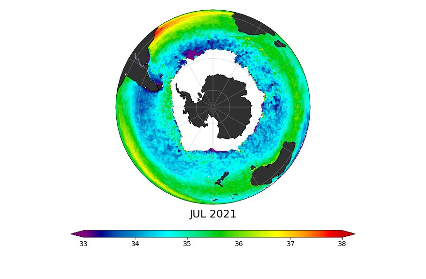 Sea surface salinity, July 2021