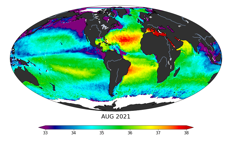 Sea surface salinity, August 2021