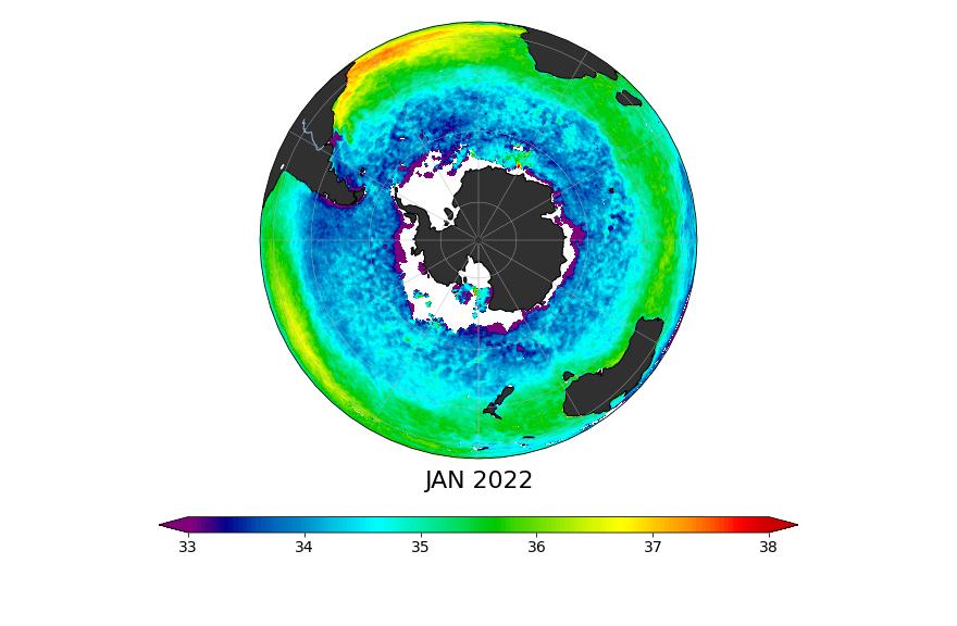 Sea surface salinity, January 2022