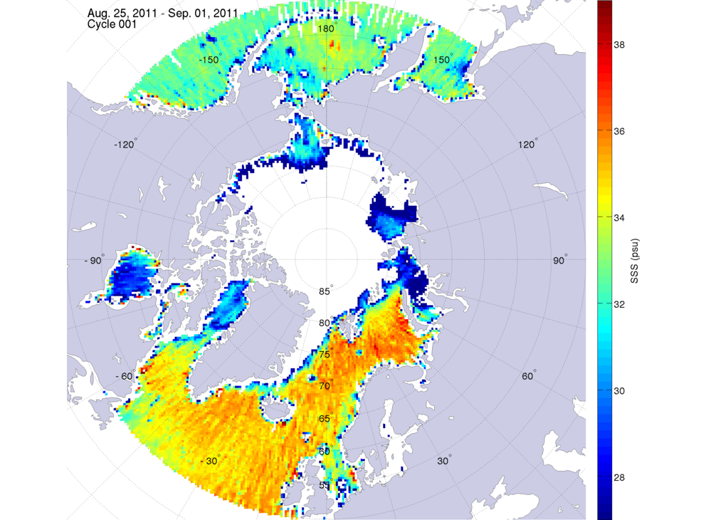 Sea surface salinity maps of the northern hemisphere ocean, week ofAugust 25 - September 1, 2011.