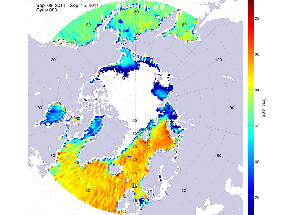 Sea surface salinity maps of the northern hemisphere ocean, week ofSeptember 8-15, 2011.