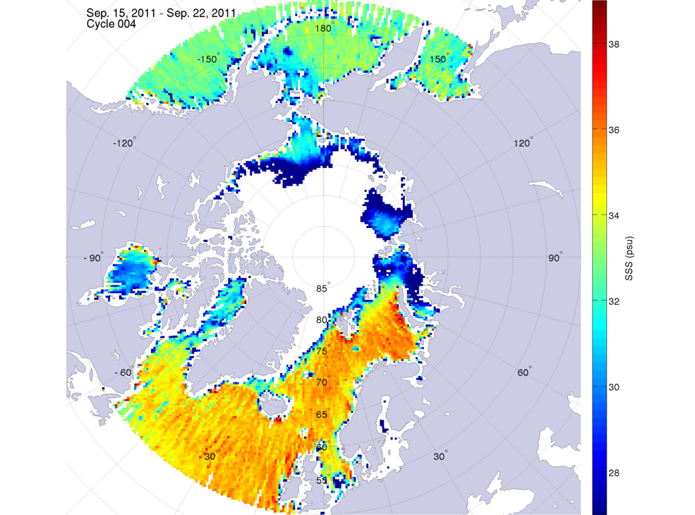 Sea surface salinity maps of the northern hemisphere ocean, week ofSeptember 15-22, 2011.