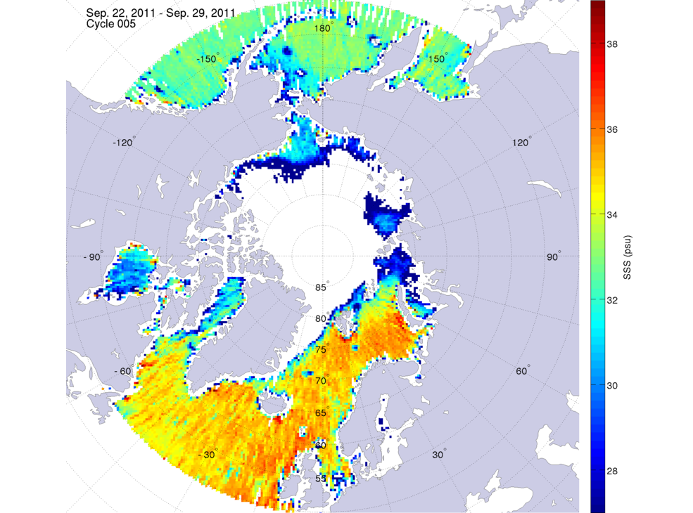Sea surface salinity maps of the northern hemisphere ocean, week ofSeptember 22-29, 2011.