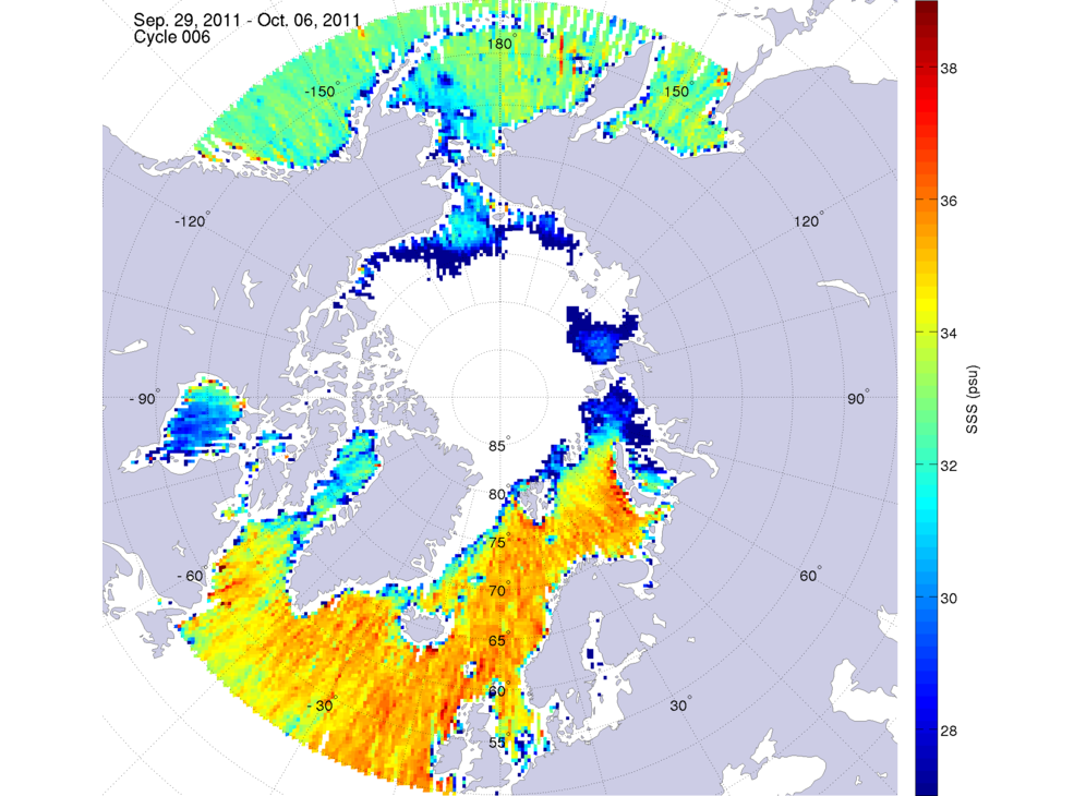 Sea surface salinity maps of the northern hemisphere ocean, week ofSeptember 29 - October 6, 2011.