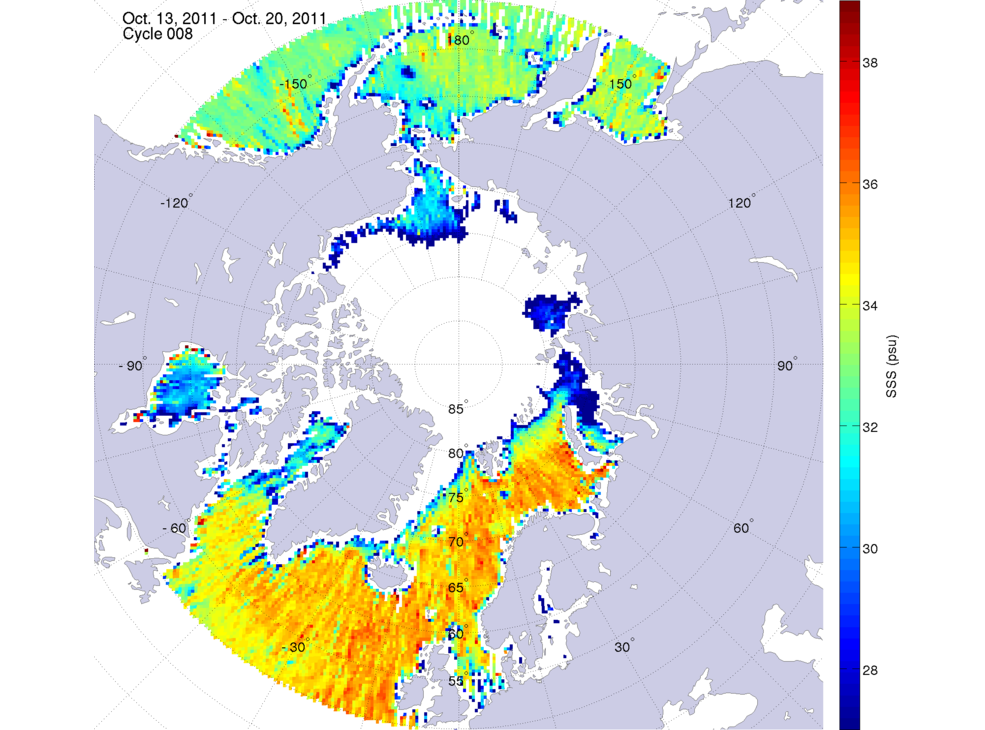 Sea surface salinity maps of the northern hemisphere ocean, week ofOctober 13-20, 2011.