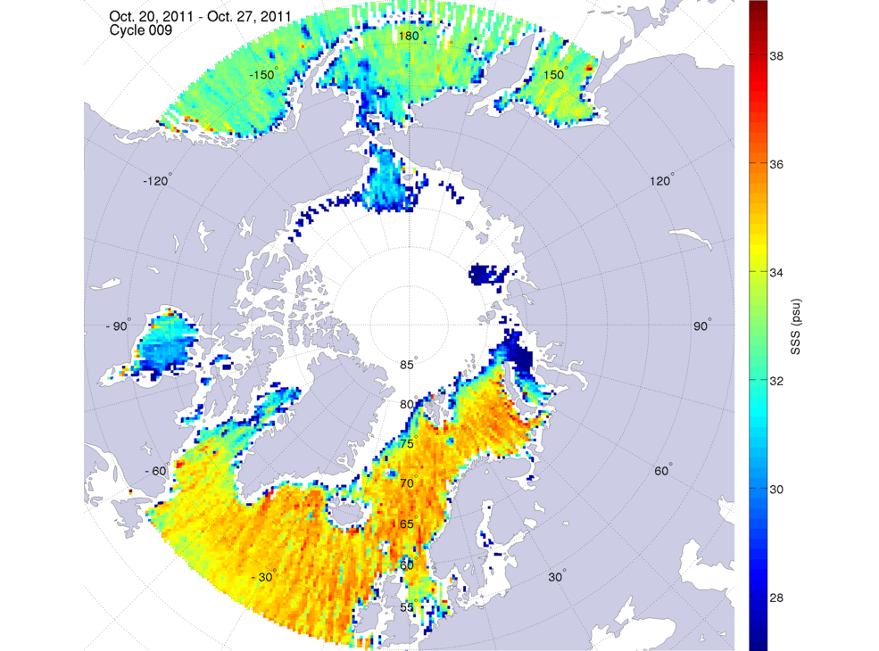 Sea surface salinity maps of the northern hemisphere ocean, week ofOctober 20-27, 2011.