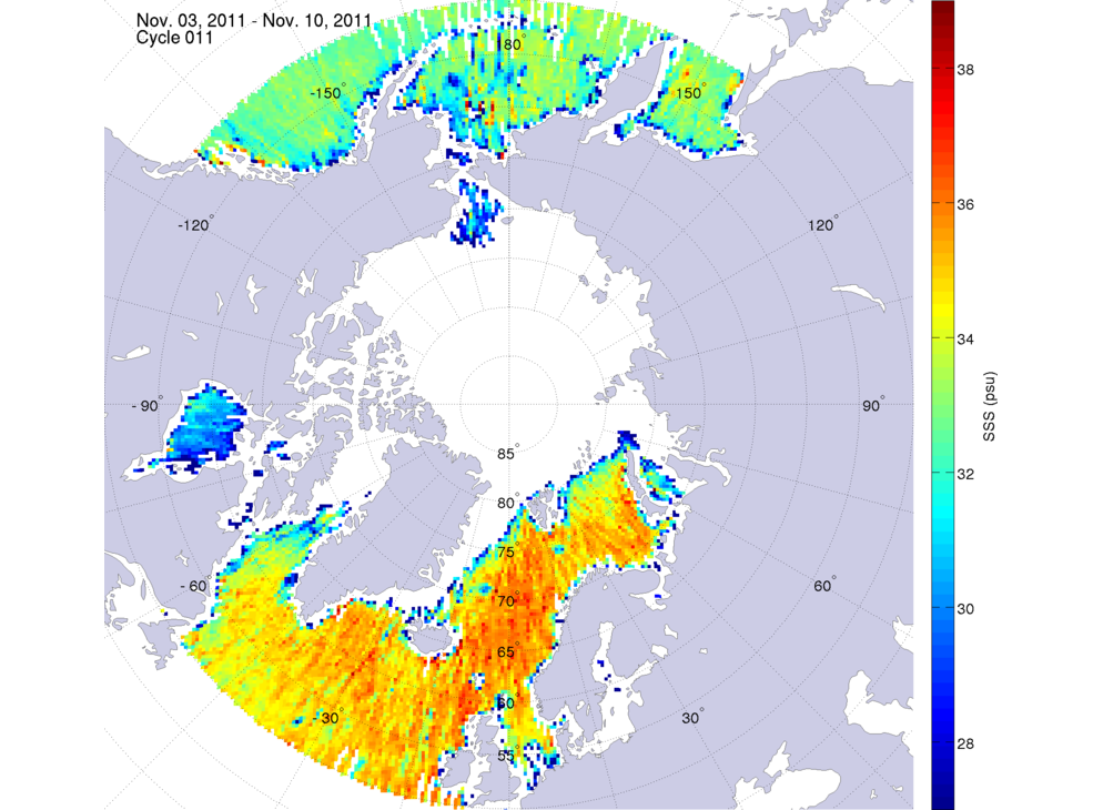 Sea surface salinity maps of the northern hemisphere ocean, week ofNovember 3-10, 2011.