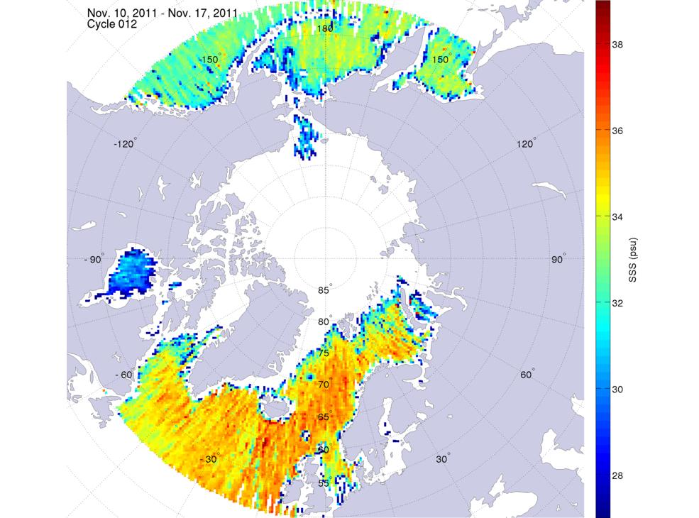 Sea surface salinity maps of the northern hemisphere ocean, week ofNovember 10-17, 2011.