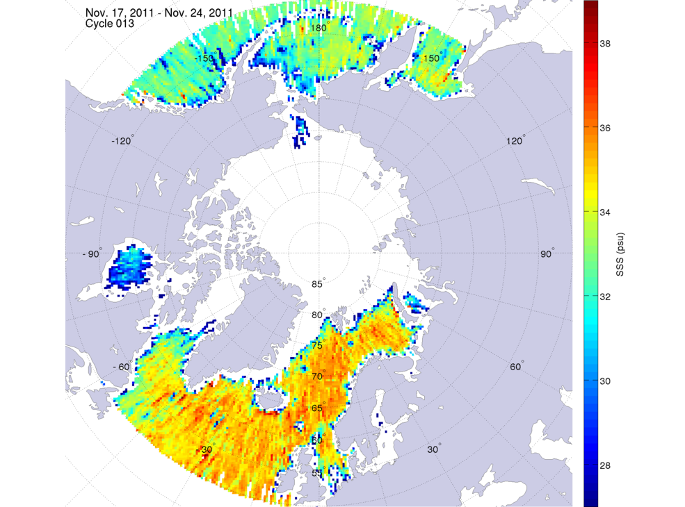 Sea surface salinity maps of the northern hemisphere ocean, week ofNovember 17-24, 2011.