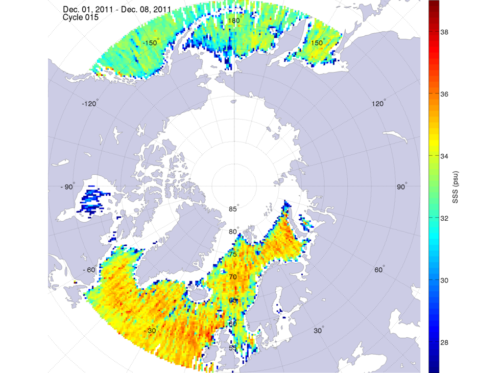 Sea surface salinity maps of the northern hemisphere ocean, week ofDecember 1-8, 2011.