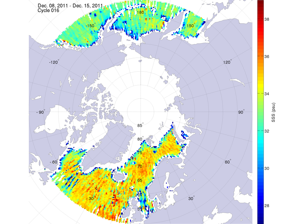 Sea surface salinity maps of the northern hemisphere ocean, week ofDecember 8-15, 2011.