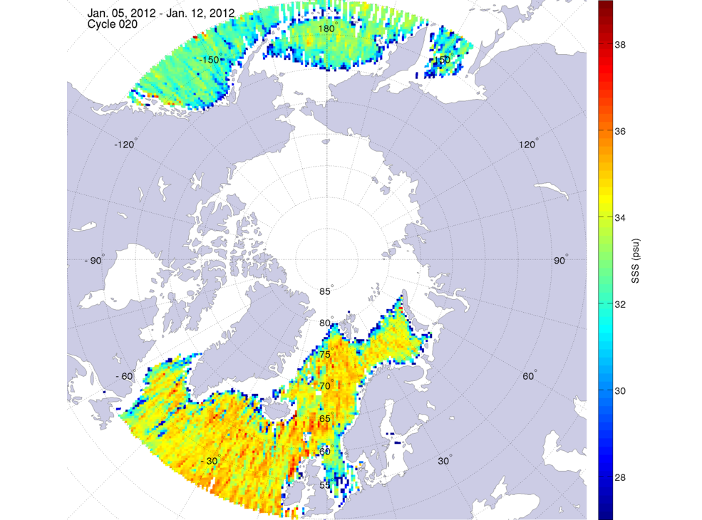 Sea surface salinity maps of the northern hemisphere ocean, week ofJanuary 5-12, 2012.
