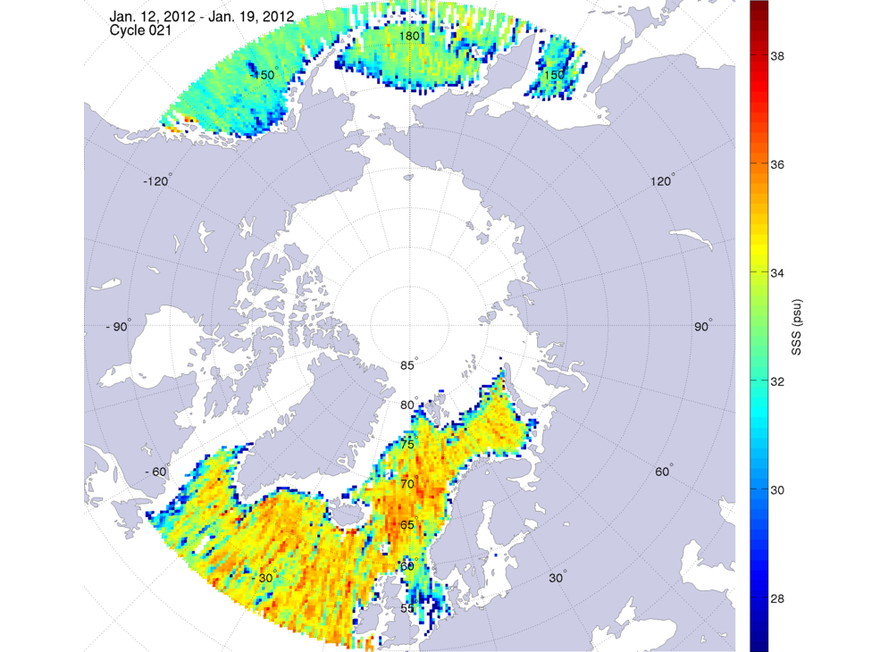 Sea surface salinity maps of the northern hemisphere ocean, week ofJanuary 12-19, 2012.